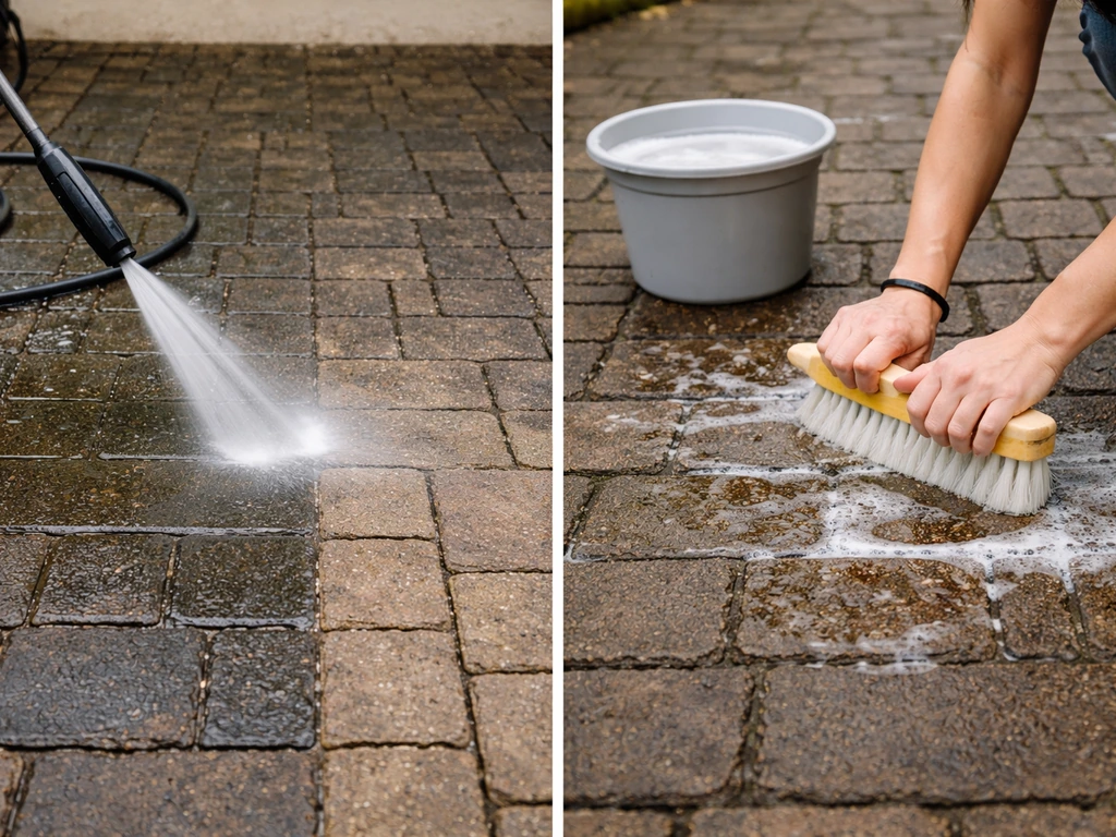 Side-by-side view of pressure washing mist on bricks versus hand scrubbing a neighboring section.
