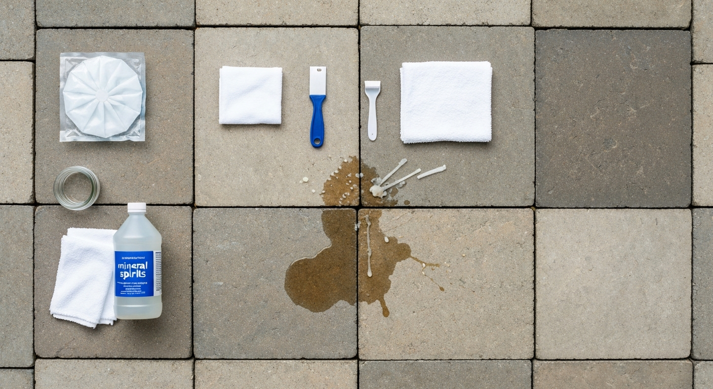 Top-down instructional photo of a patio slab with a candle wax spill and removal tools (ice pack, plastic scraper, mineral spirits bottle, cloths) arranged for demonstration.