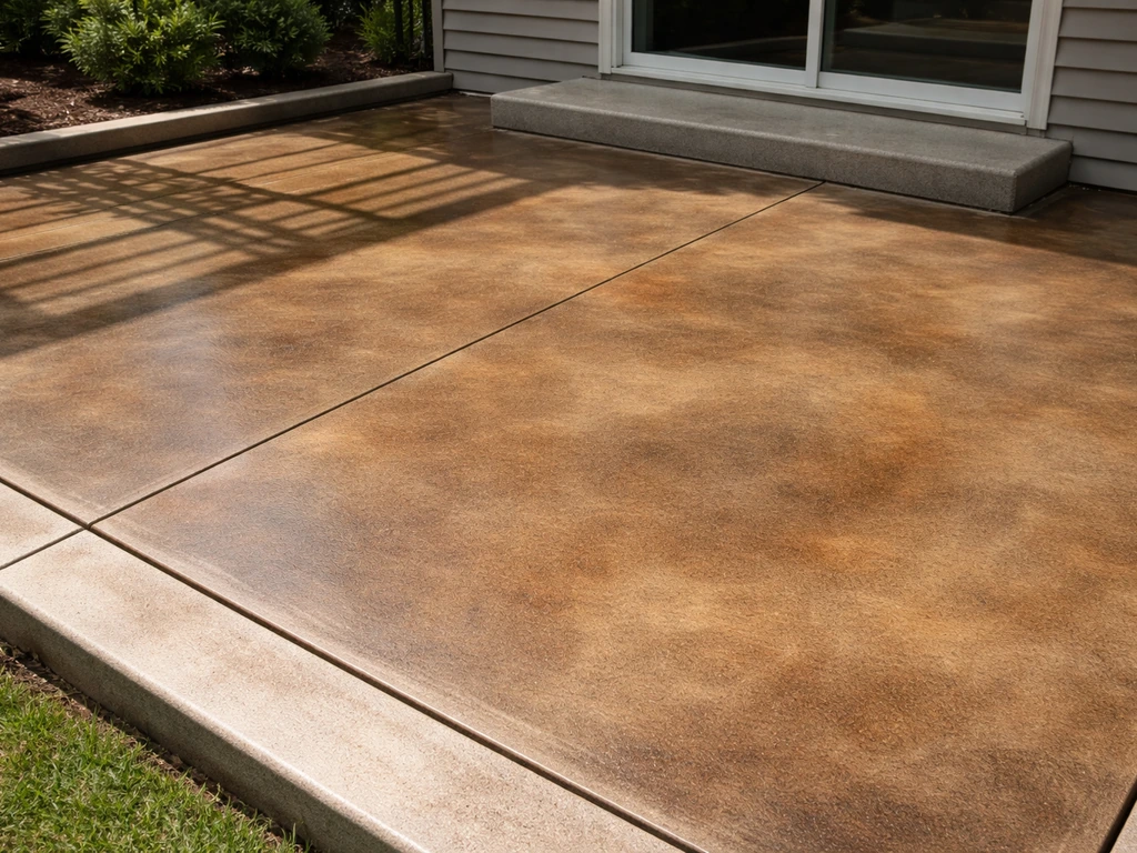 Finished re-stained concrete patio showing subtle mottled color and clean edges in natural light.