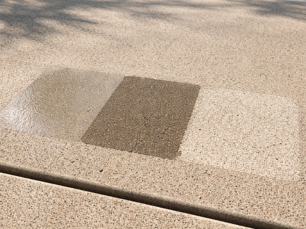 Close-up of concrete patio with small areas showing glossy film, darker penetrating look, and bare concrete texture.