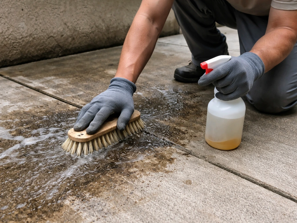 Technician scrubs stained concrete with a stiff brush and degreaser during stain-removal prep.