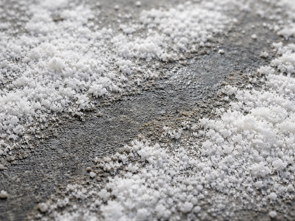 Close-up of white efflorescence crystals on damp concrete surface prepared for treatment