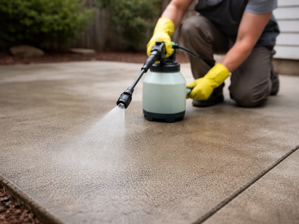 Homeowner applying concrete etching solution evenly with a garden sprayer on a patio surface.