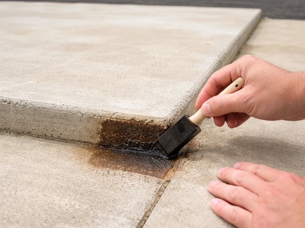 Close-up of hands applying concrete stain to a small test patch in a patio corner.
