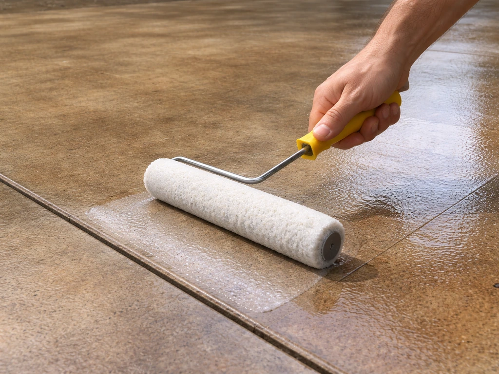 A person rolling a thin, even coat of acrylic sealer onto a stained concrete patio