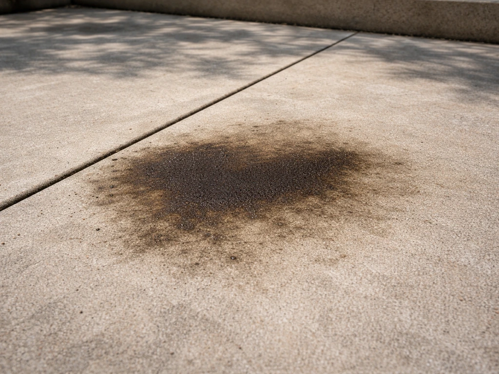 Close-up of an outdoor concrete patio with a visible BBQ grease/oil stain and nearby clean concrete.