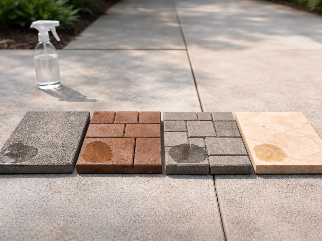 Close-up of concrete, brick, pavers, and travertine sample tiles on a patio for cleaner compatibility.