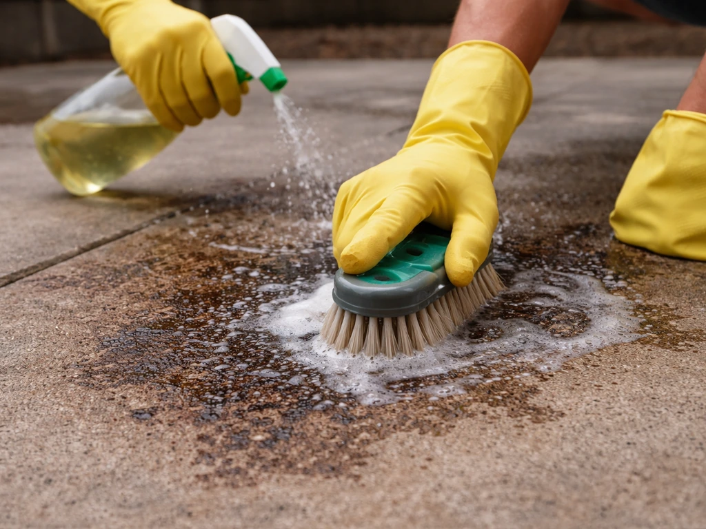 Gloved hands applying alkaline degreaser to a grease-stained concrete patio while scrubbing with a brush.