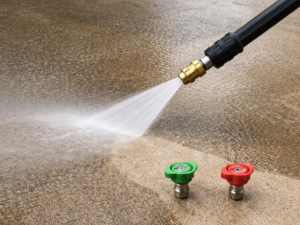 Close-up of a pressure washer wand spraying a patio, with two nozzle tips visible nearby.