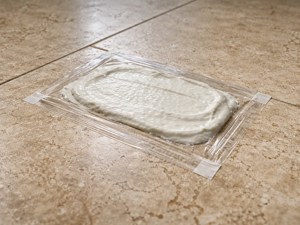 A travertine floor patch covered with a grease-drawing poultice paste and sealed with plastic wrap