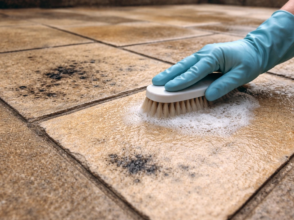 Gloved hand scrubbing black spots off sandstone patio stones, showing restored lighter areas.