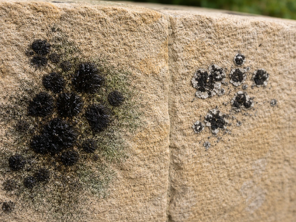 Close-up of sandstone showing distinct black spots: some fuzzy organic growth and some dry mineral-lichen patches.