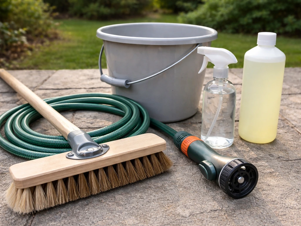 Cleaning tools laid out: stiff deck brush, hose nozzle, bucket, spray bottle, and pH-neutral cleaner.