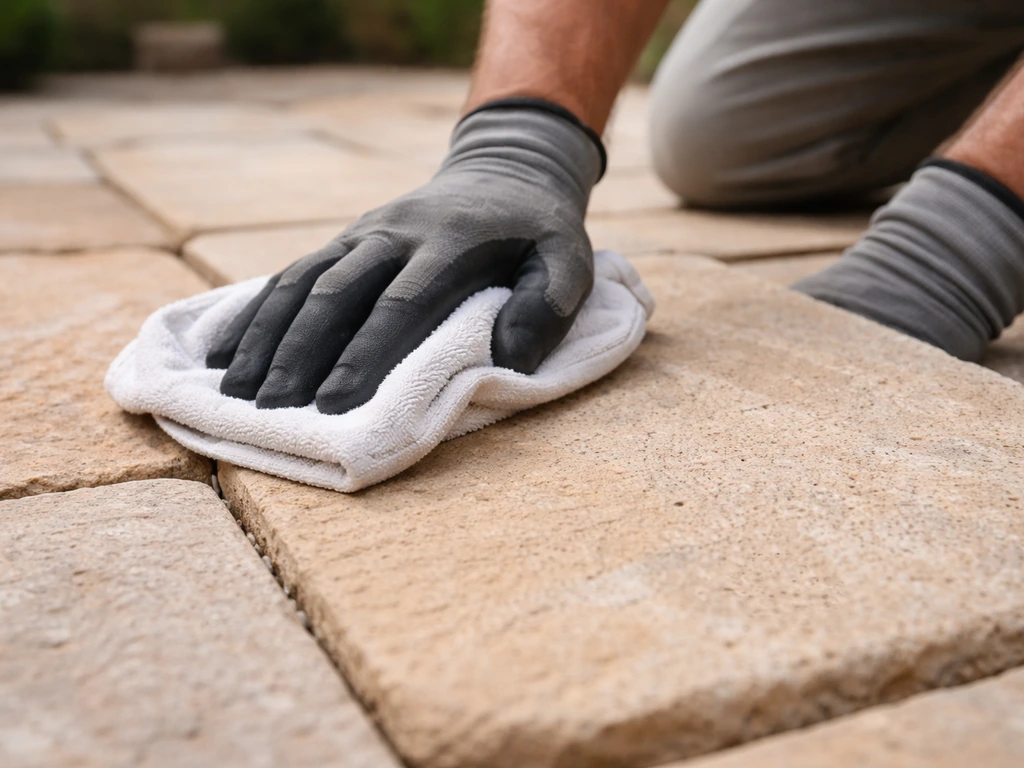 Gloved hands wiping a dry sandstone paver surface clean before applying a penetrating sealer.