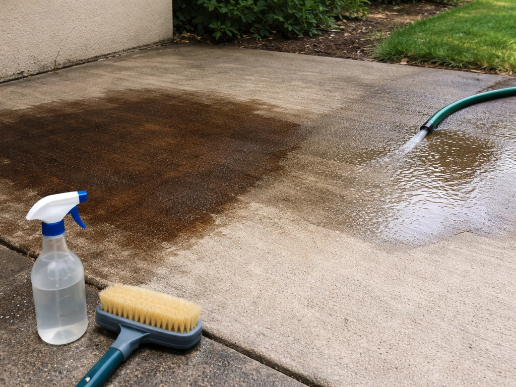 Concrete patio with a dark teak oil stain next to a lighter partially cleaned area from rinsing.