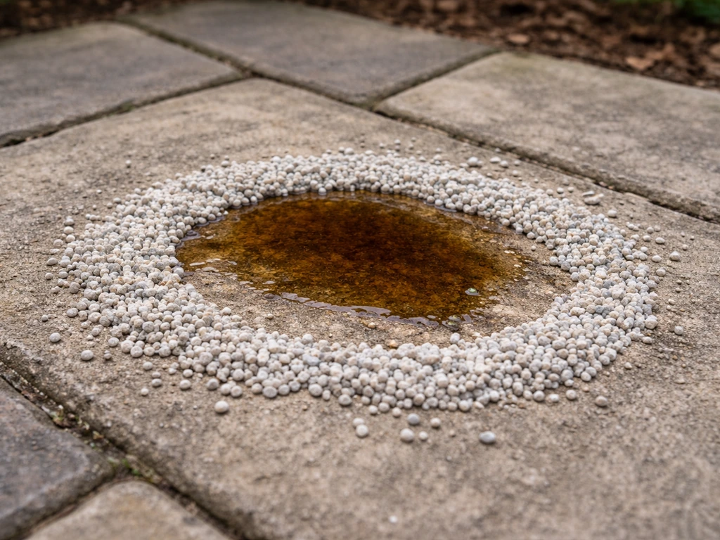 Absorbent material blotting a freshly spilled teak oil stain on a patio surface