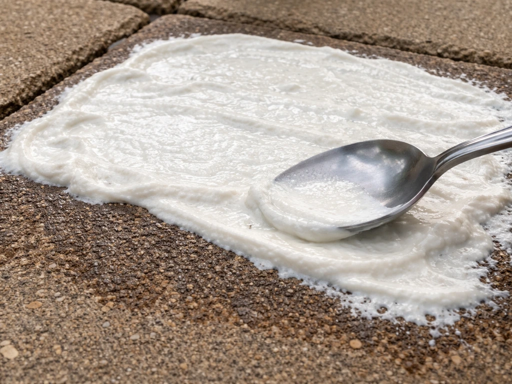 Thick poultice paste spread over a deep teak oil stain on porous stone/pavers using a small spoon