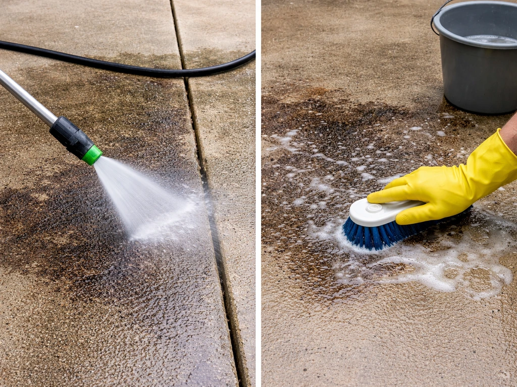 Split view of patio cleaner: pressure washer with green/white nozzle on one side and manual scrubbing on the other