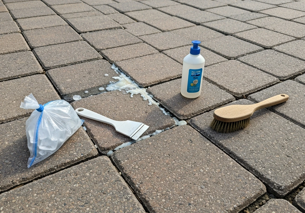 Patio pavers with candle wax spill and safe wax-removal tools laid out beside them.
