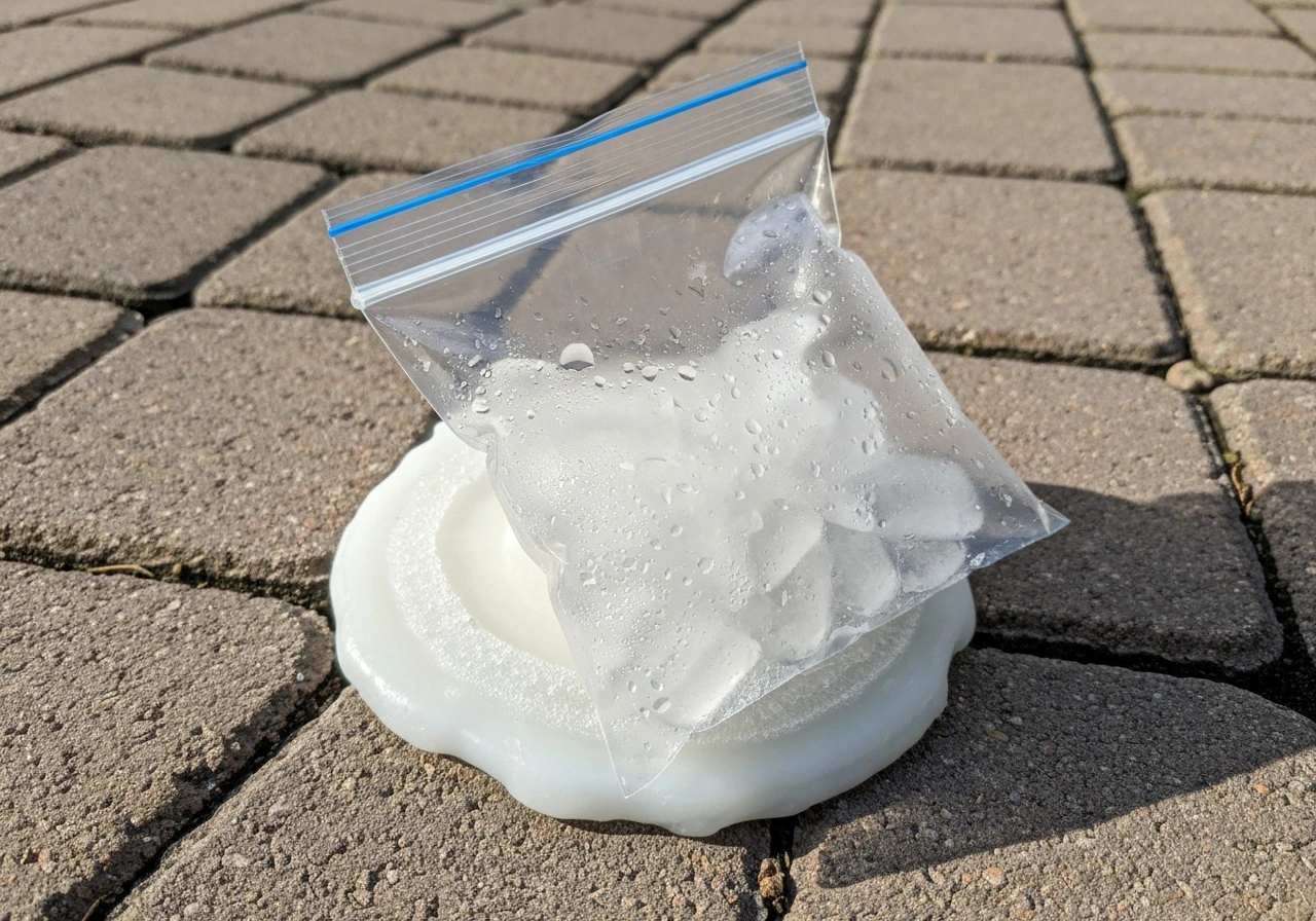 Fresh wax on patio pavers chilled with a zip-top bag filled with ice.