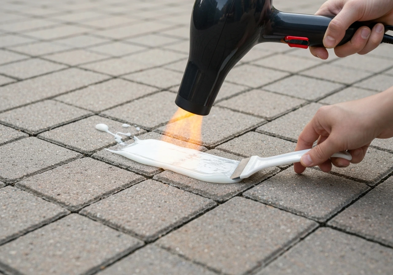 Hair dryer gently heats spilled wax on pavers while a hand scrapes it softly away.