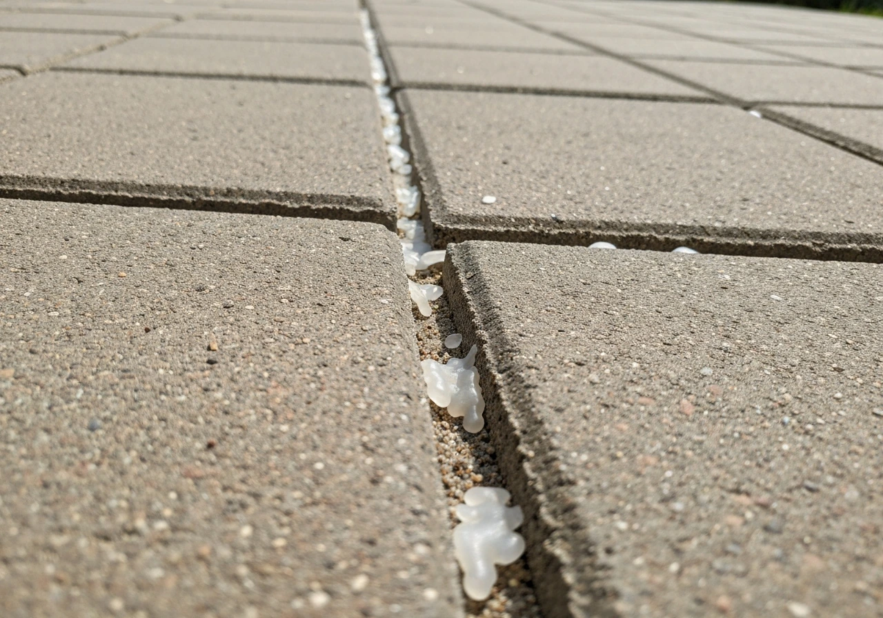 Close-up of patio paver joints with hardened candle wax in the grout line and sand area