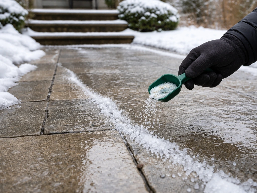 Winter patio walkway with ice and a gloved hand sprinkling safe de-icer on the surface