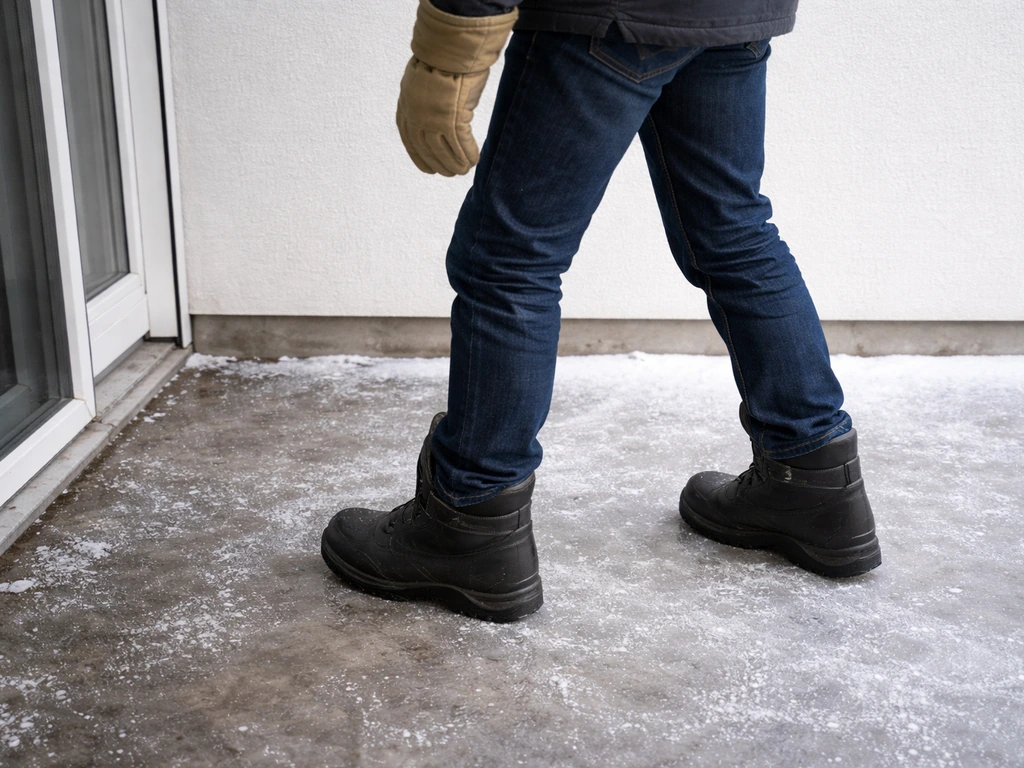 Anonymous person in rubber-soled boots and gloves on an icy patio, ready for de-icing with stable footing.