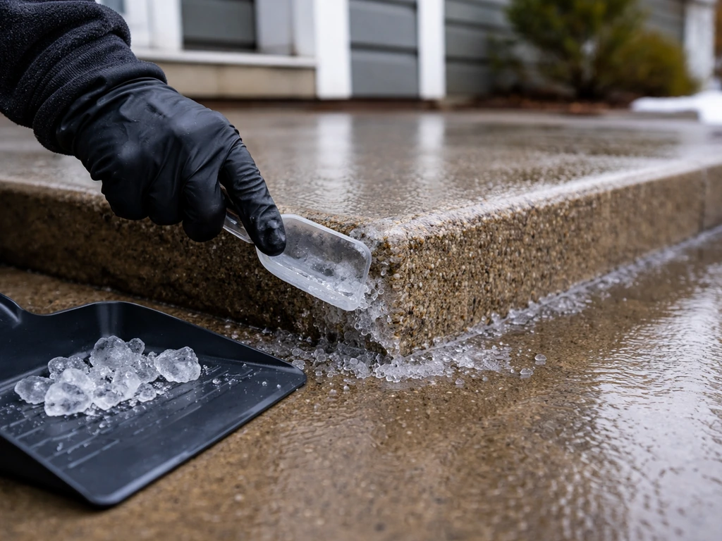 Gloved hand loosening ice on a concrete patio and gathering loosened chunks with a scoop and dustpan.