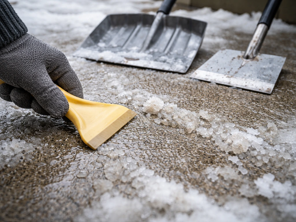 Close-up of a patio being cleaned with a plastic scraper versus a metal shovel nearby