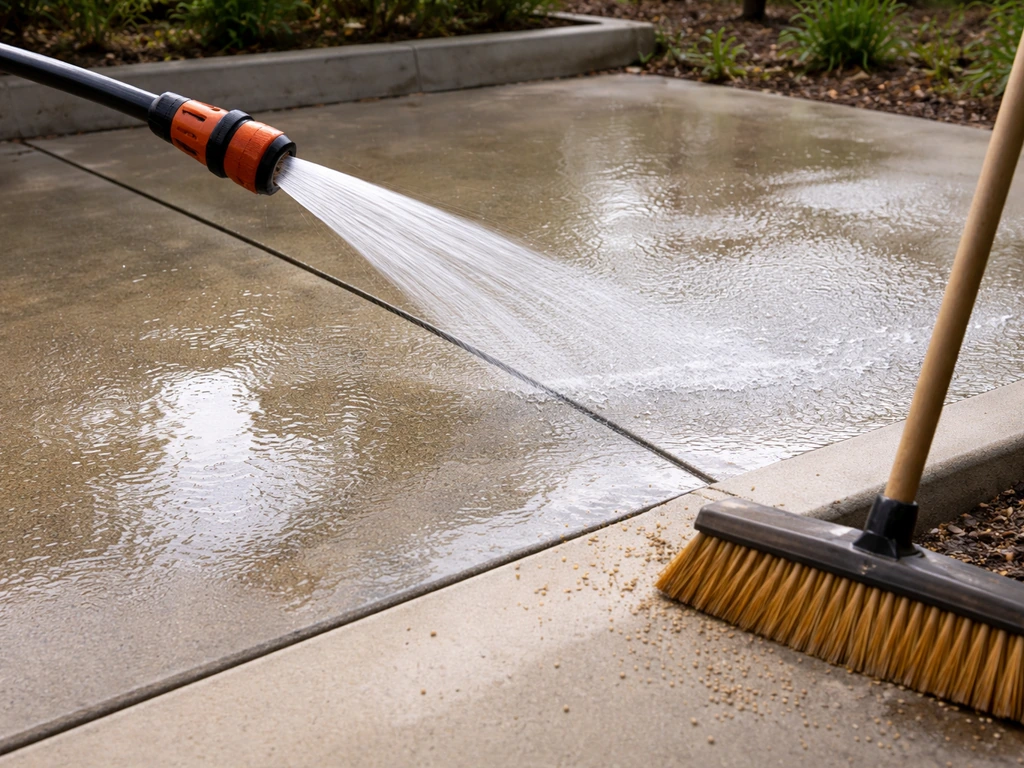 Garden hose rinsing a concrete patio, with a broom sweeping up grit before spring.