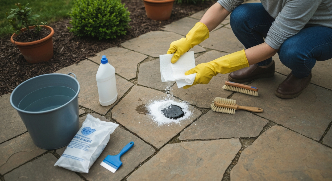 Homeowner applying absorbent and scrubbing an oil stain on a stone patio.