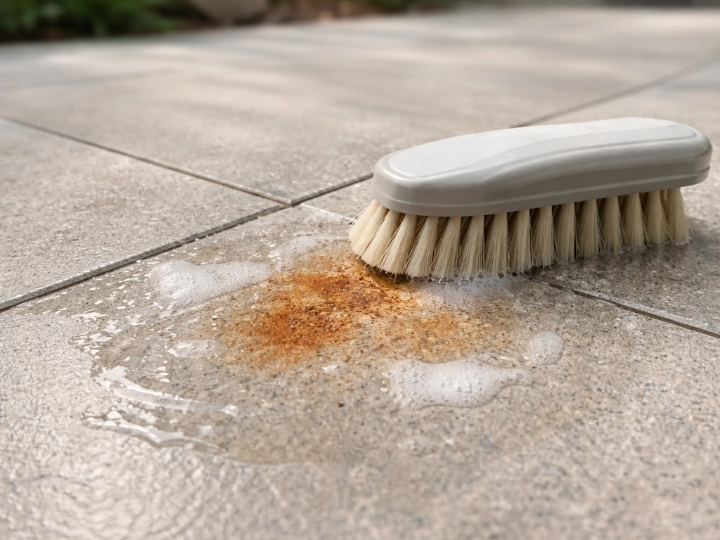 Close-up of porcelain patio tile as an orange-brown rust stain is being scrubbed clean
