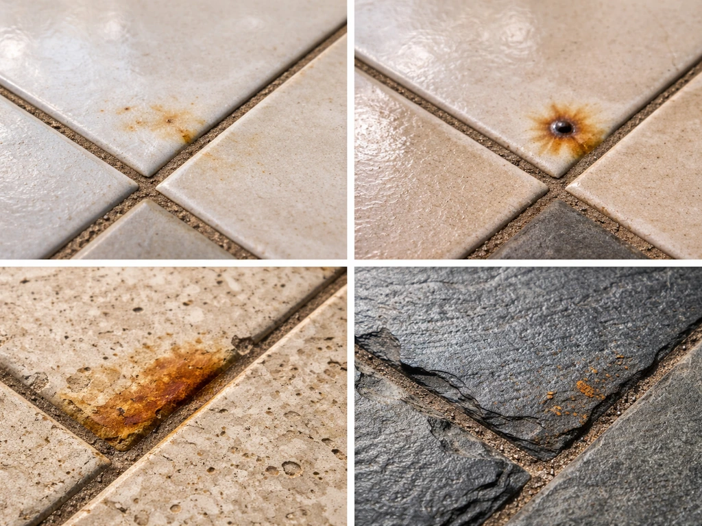 Close-up patio tiles showing rust patterns on porcelain glaze, glazed ceramic, travertine, and slate textures.