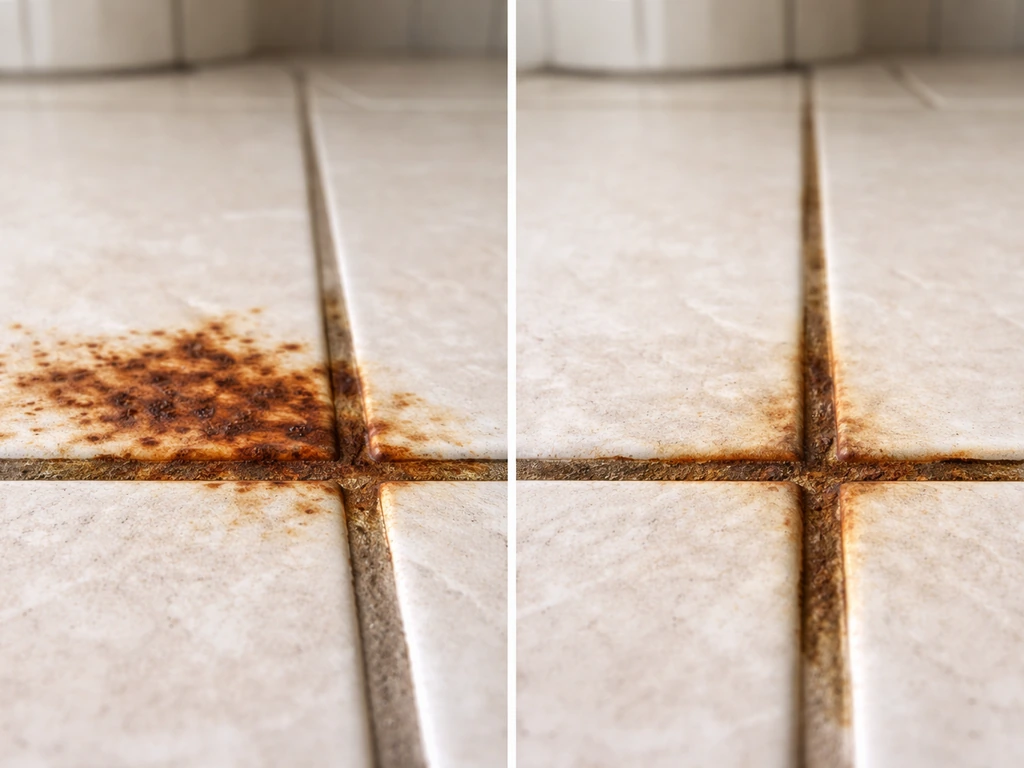 Close-up of tile showing rough surface rust on top next to embedded rust stained grout joints