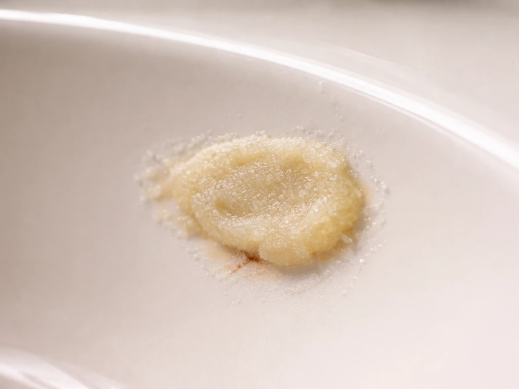 Thick lemon juice and salt paste covering a rust stain on a porcelain sink