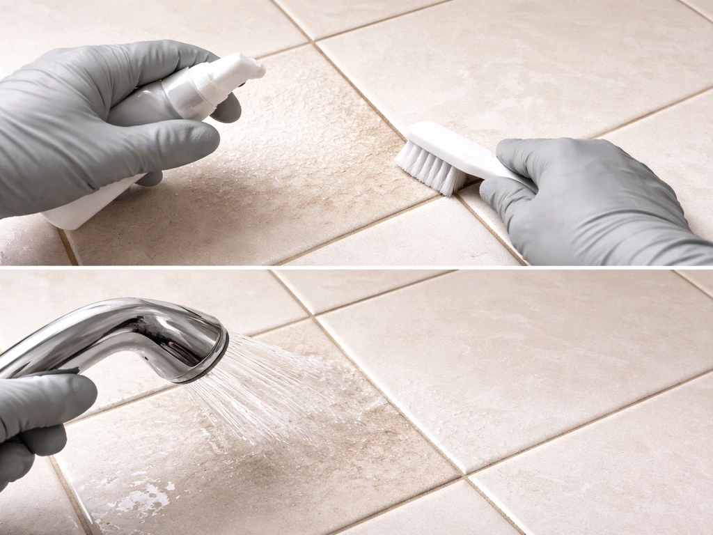 Gloved hands rinsing cleaned tile grout with clear water after rust removal, wet grout sheen visible.