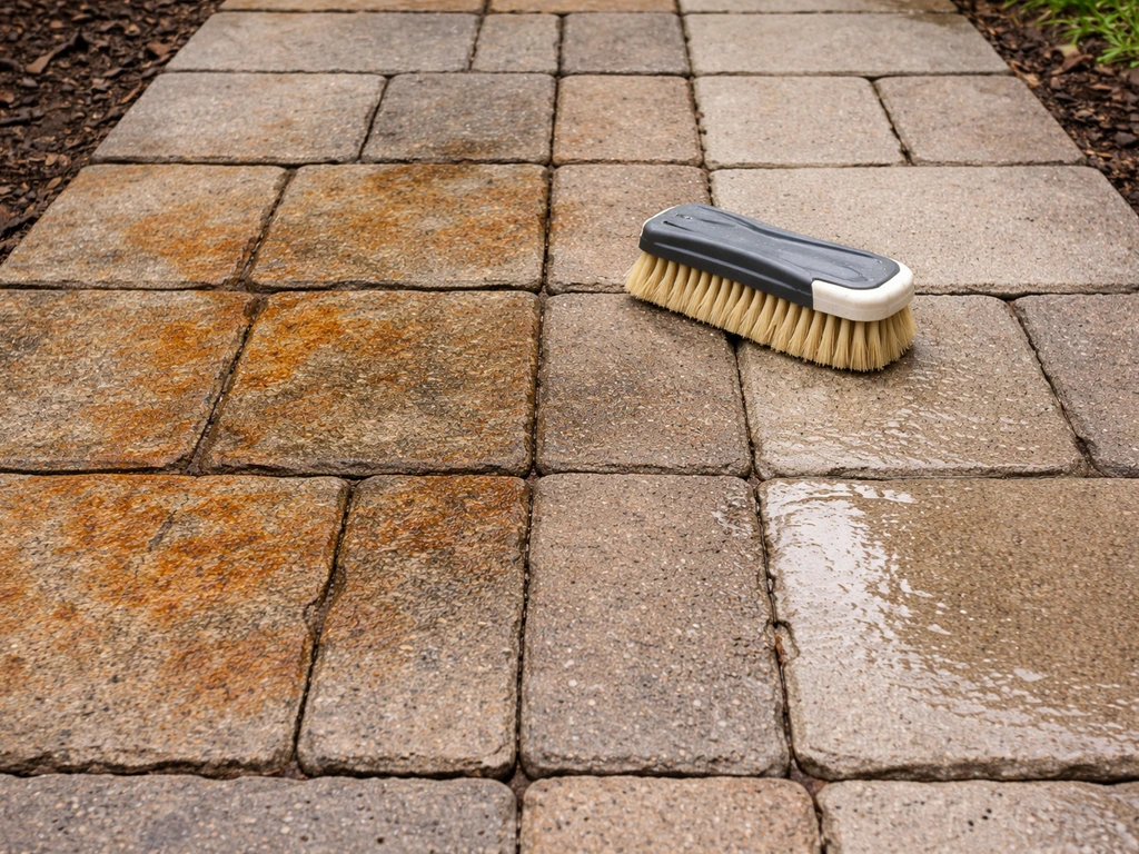 Patio pavers with rust stains on one half and cleaned, restored pavers on the other after treatment.