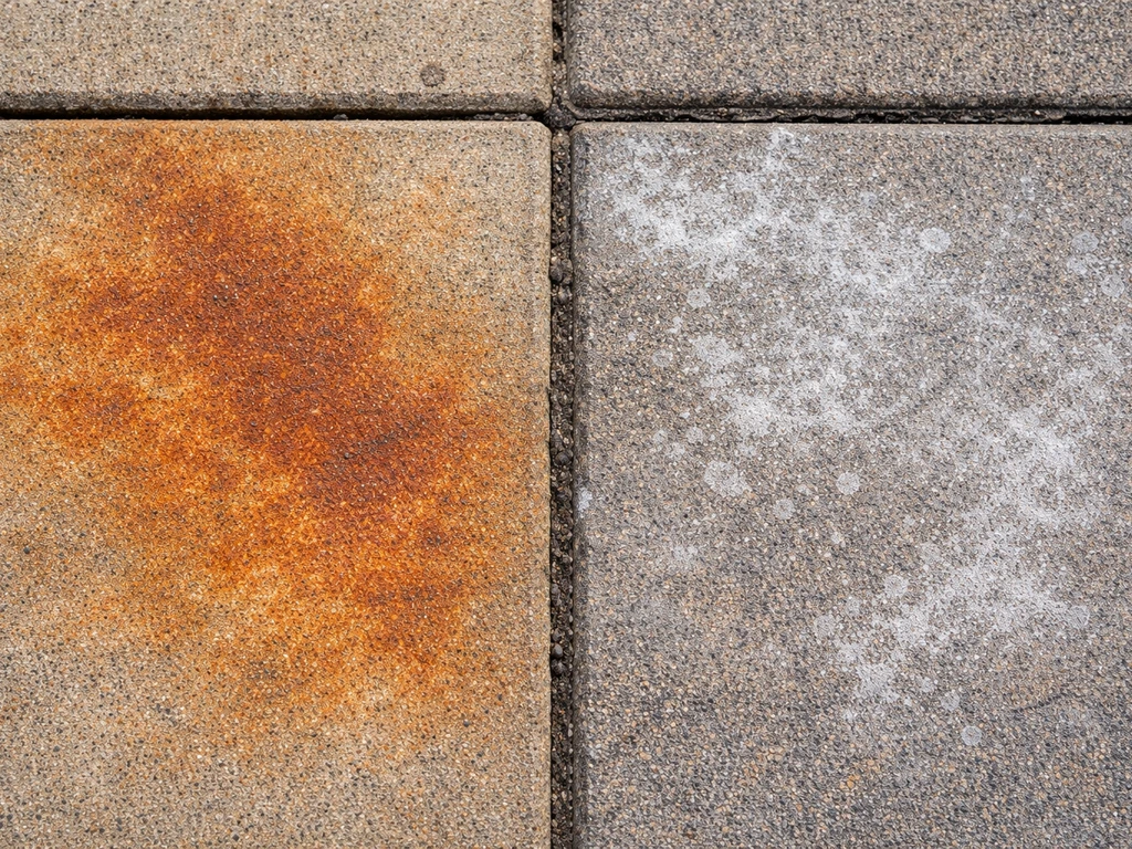 Close-up of patio pavers showing orange rust stain next to white/gray efflorescence salt haze.
