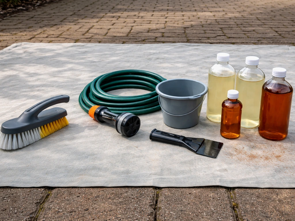 DIY paver rust cleanup essentials on a tarp: scrub brush, hose nozzle, scraper, and rust remover bottles