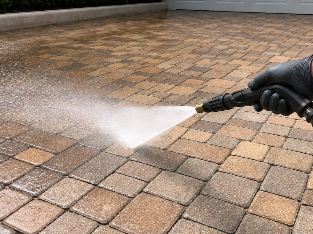 Gloved hand rinsing cleaned pavers with a controlled fan spray after an acid step.
