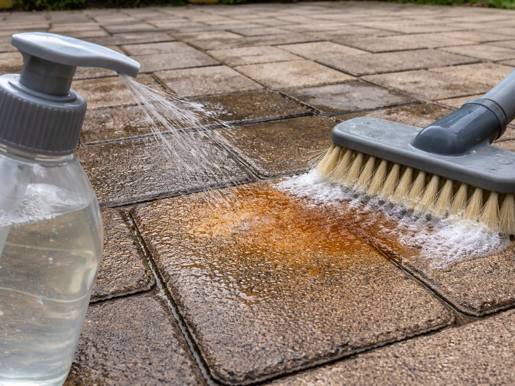 White vinegar sprayer and nylon brush scrubbing a pre-wetted rust-stained paver section.