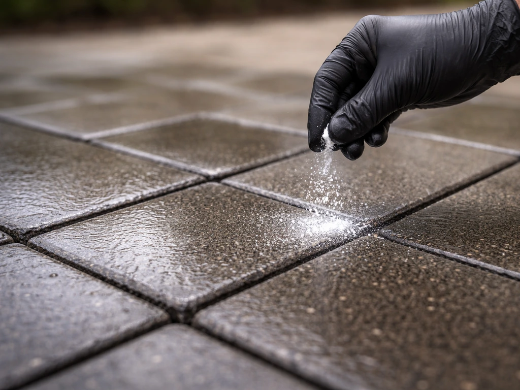 Close-up of evenly toned pavers after rinsing, with a gloved hand adding neutralizing powder.