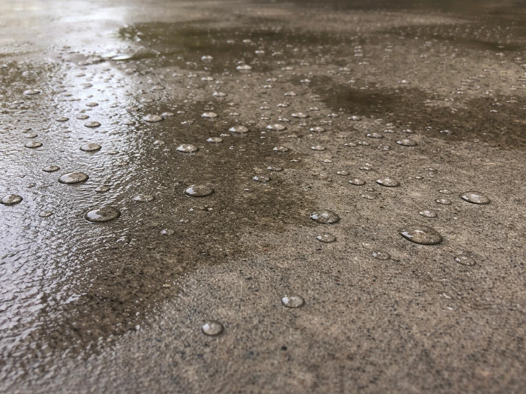 Close-up of a concrete patio surface with moisture beads and darker damp patches from sweating