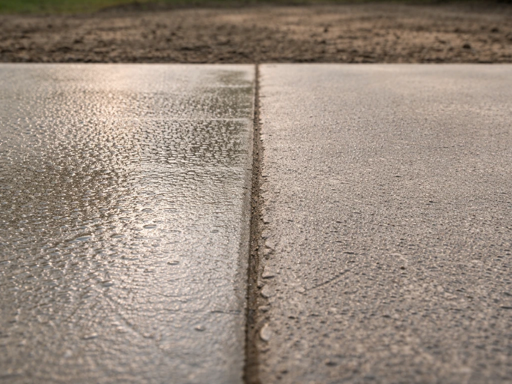Close-up of wet condensation droplets on one side of a concrete slab and a drier section beside it.