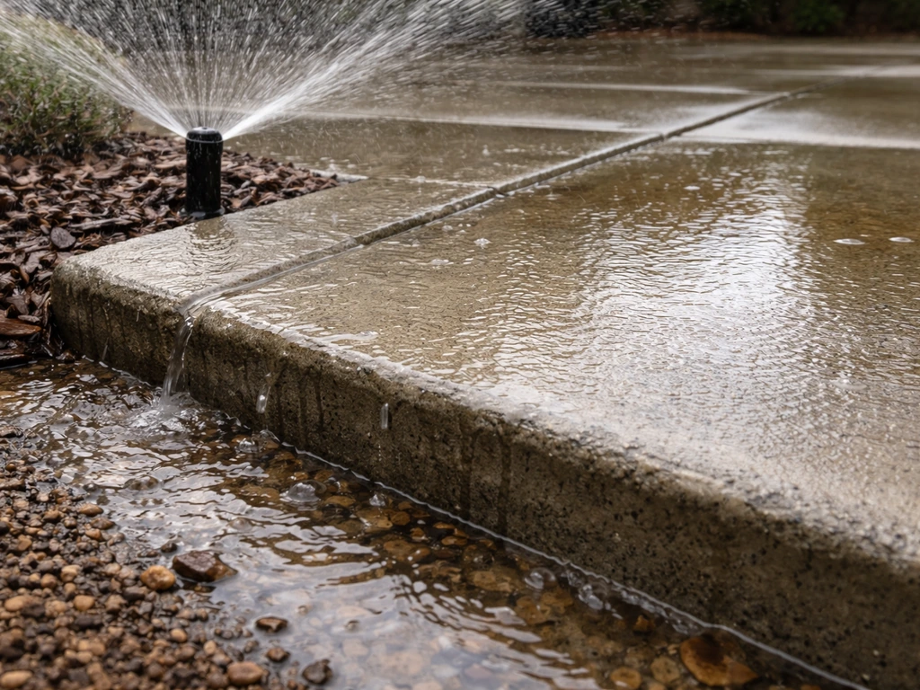 Water from a sprinkler oversprays onto a concrete patio edge, creating a small runoff flow.