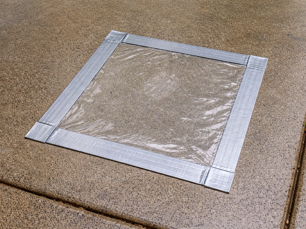 12x12 plastic sheeting taped to a patio with duct tape corners, outdoors in natural light