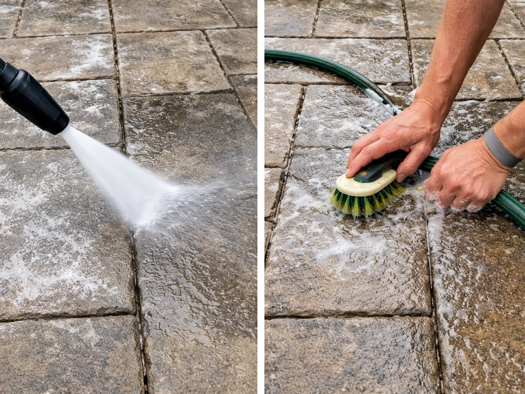 Stone patio cleaned with a pressure washer on one side and manual brushing on the adjacent side.