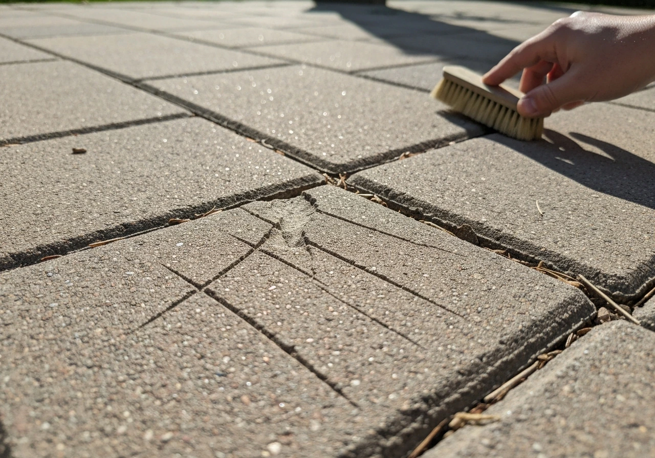 Close-up of patio pavers with visible scratches and gouges, with a brush near the damaged area.