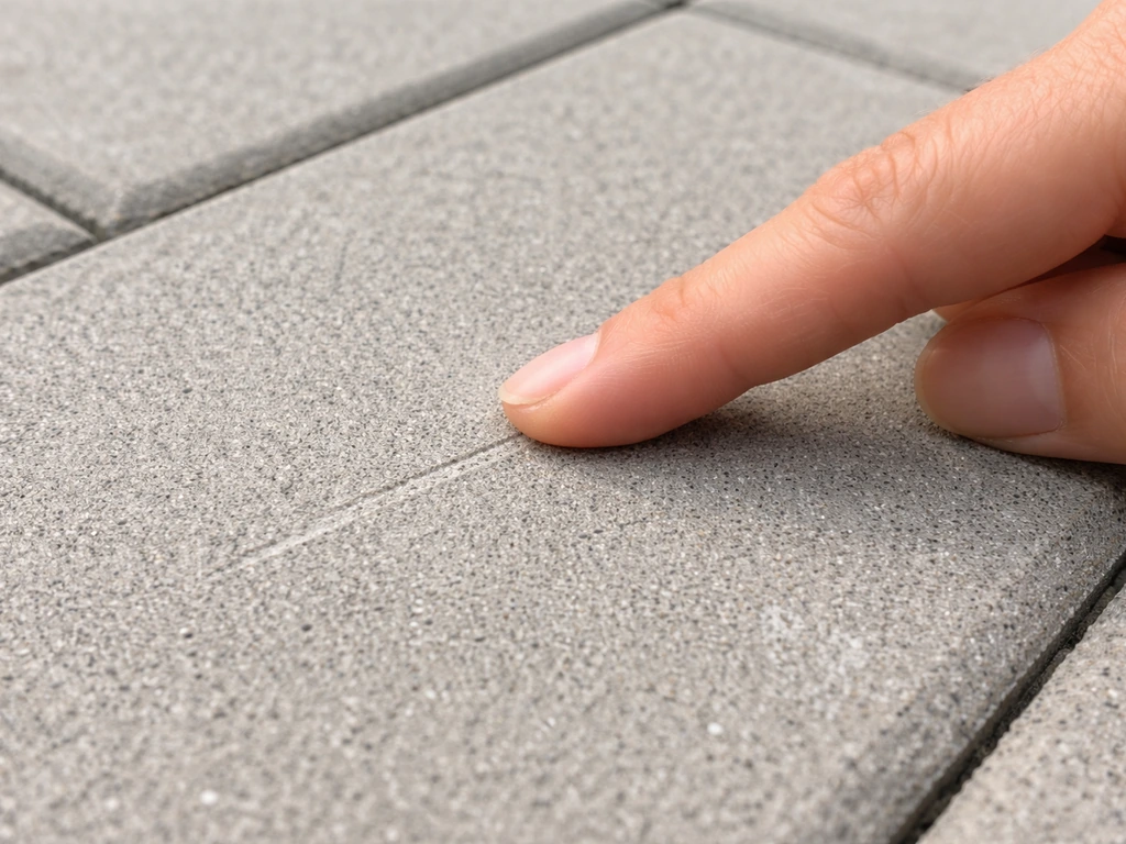 Close-up of a hand running a finger over a scratched patio paver to inspect the material.